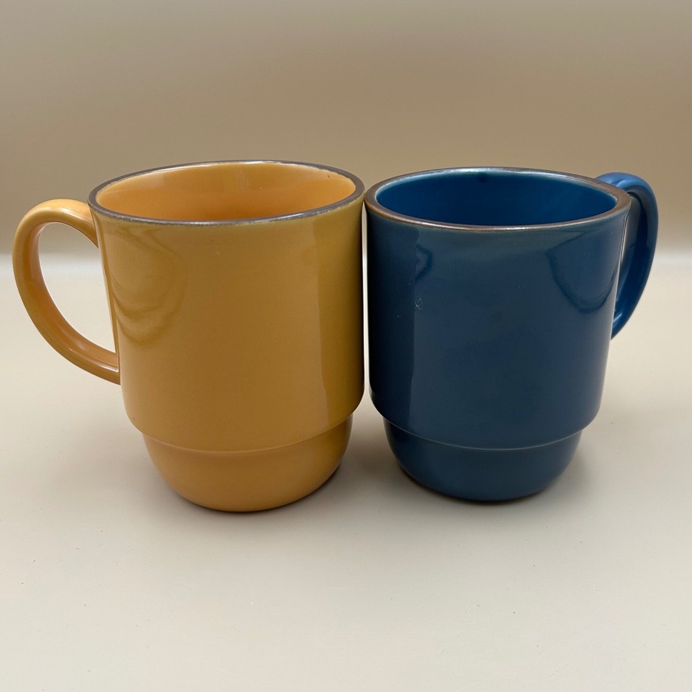 Set of 2 Stacking Ceramic Mugs Mustard Yellow and Navy Blue Stoneware Cups